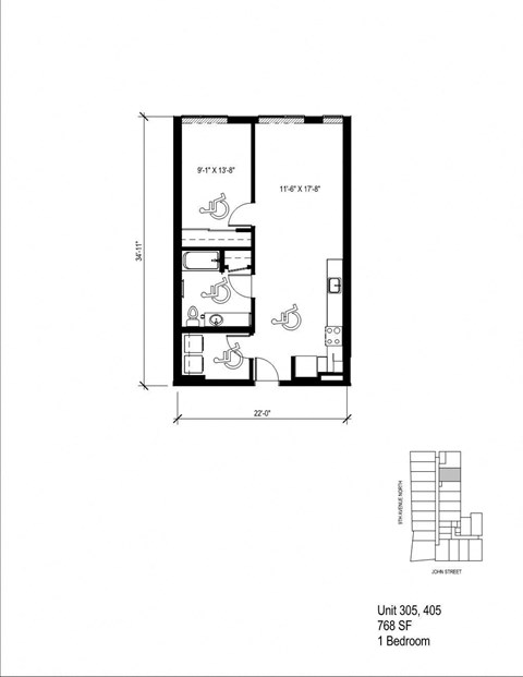 Floor plan for 1 bed, 1 bath, 566 sqft